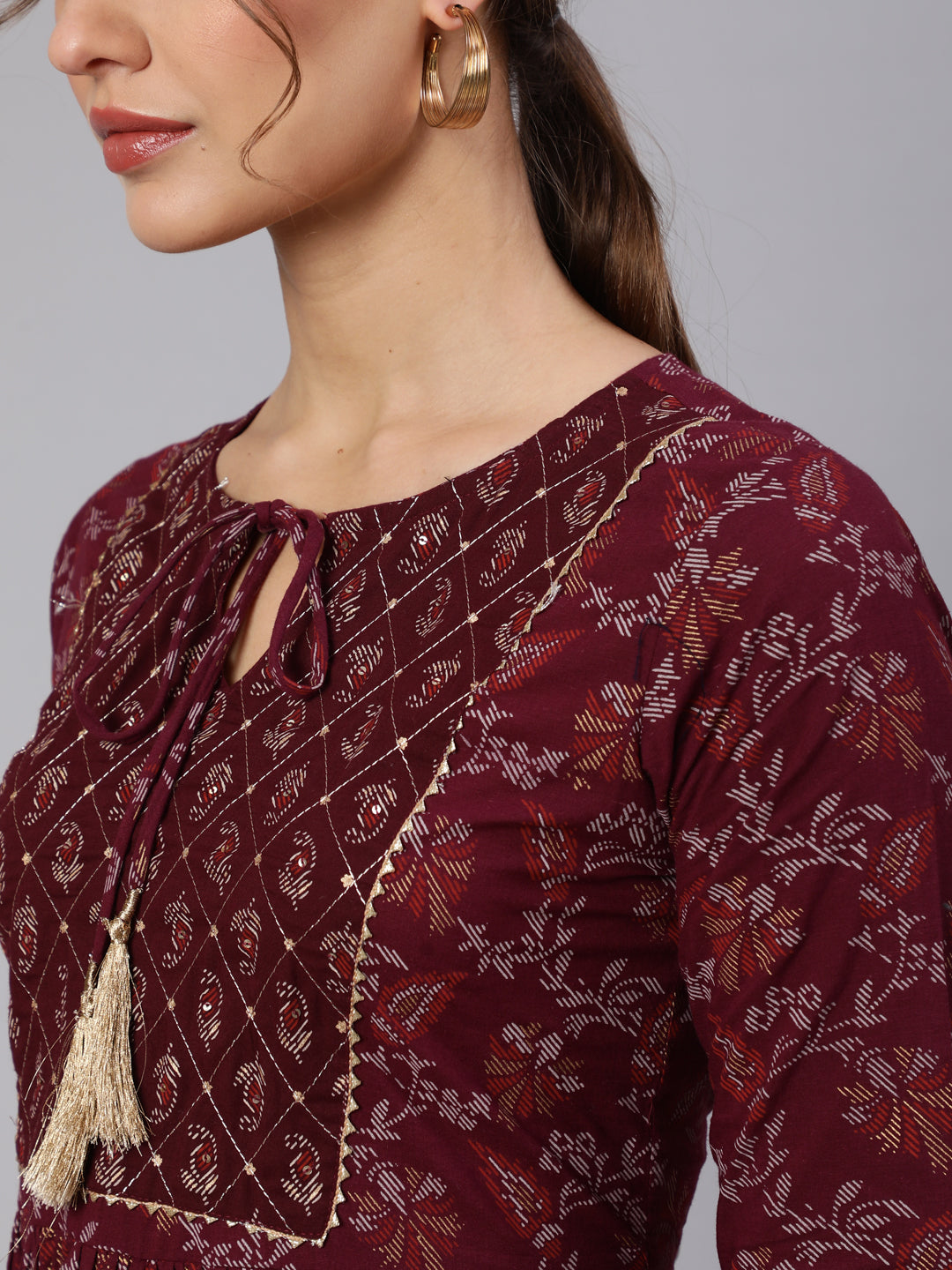 Women's Wome Burgundy Printed Flared Dress With Three quarter Sleeves
