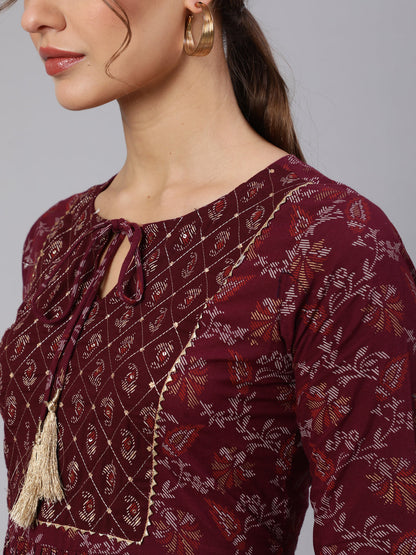 Women's Wome Burgundy Printed Flared Dress With Three quarter Sleeves