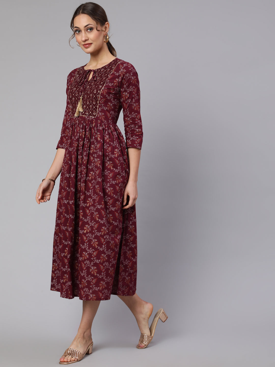 Women's Wome Burgundy Printed Flared Dress With Three quarter Sleeves