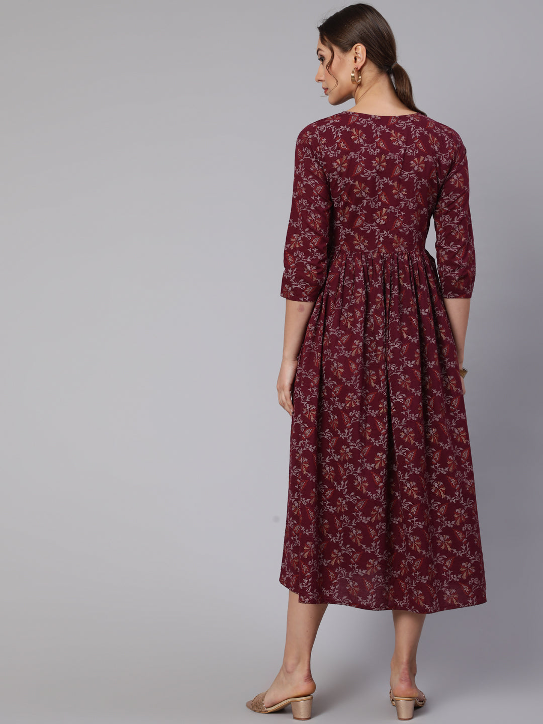 Women's Wome Burgundy Printed Flared Dress With Three quarter Sleeves