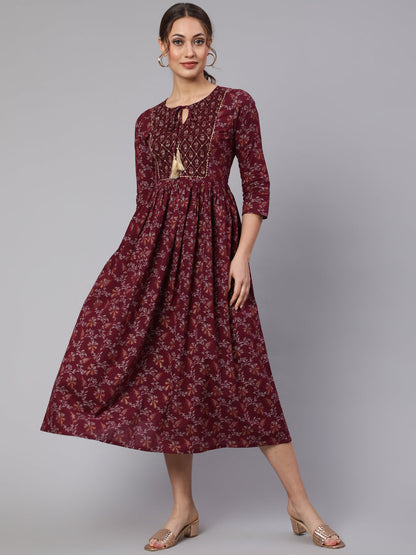Women's Wome Burgundy Printed Flared Dress With Three quarter Sleeves