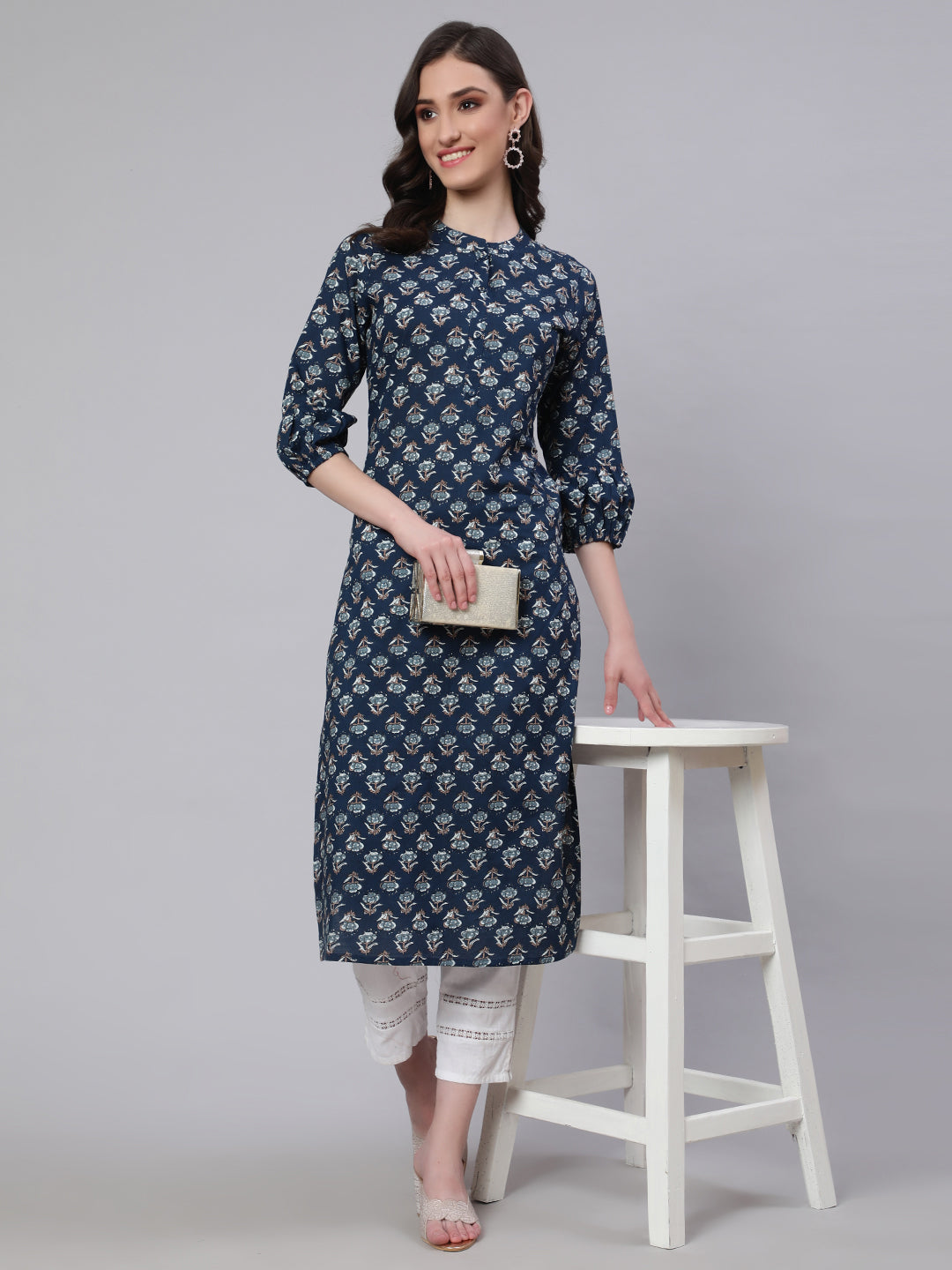 Women's Blue Ethnic Printed Straight Kurta with Three Quarter Sleeves