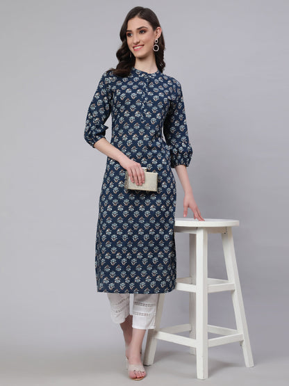 Women's Blue Ethnic Printed Straight Kurta with Three Quarter Sleeves
