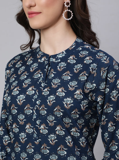Women's Blue Ethnic Printed Straight Kurta with Three Quarter Sleeves