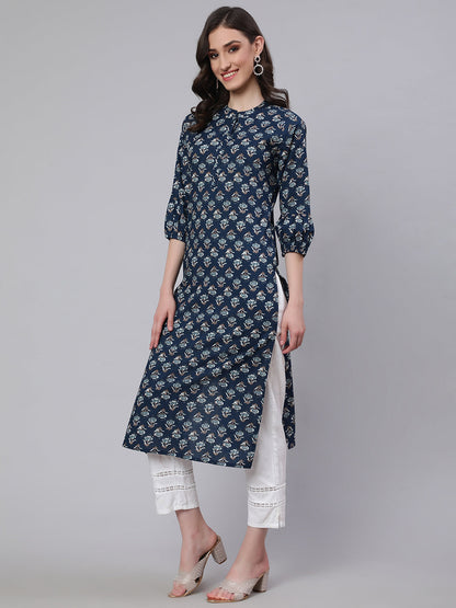 Women's Blue Ethnic Printed Straight Kurta with Three Quarter Sleeves
