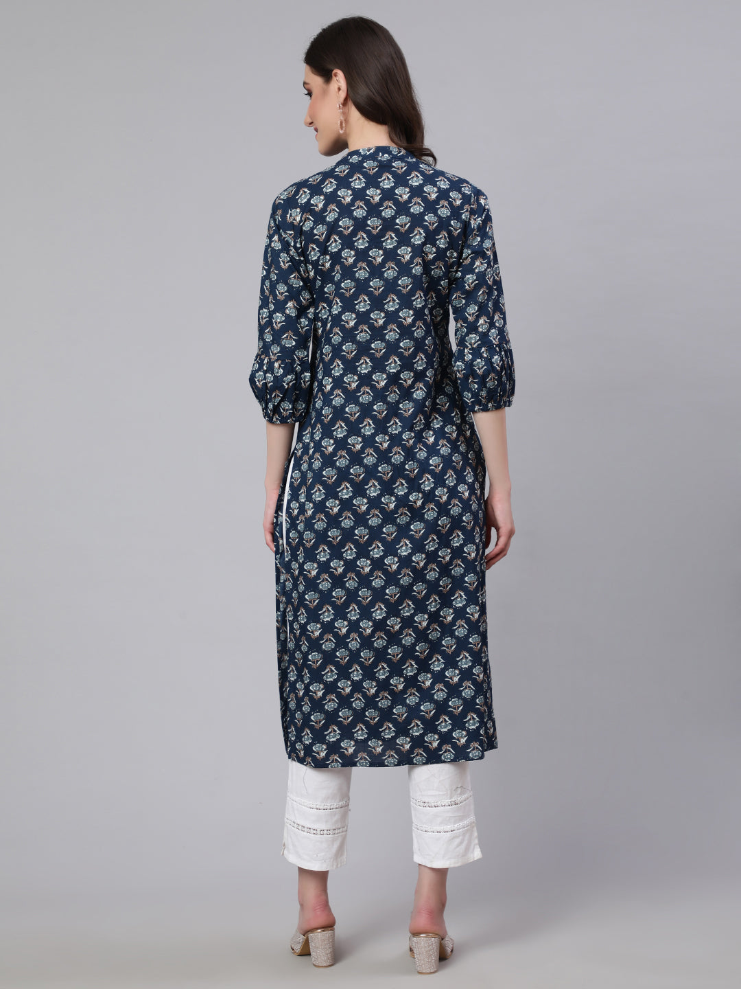 Women's Blue Ethnic Printed Straight Kurta with Three Quarter Sleeves