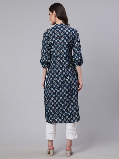 Women's Blue Ethnic Printed Straight Kurta with Three Quarter Sleeves