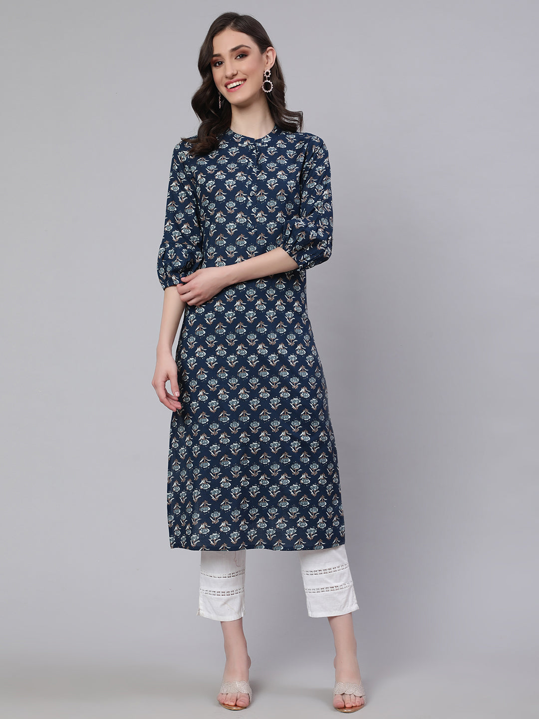 Women's Blue Ethnic Printed Straight Kurta with Three Quarter Sleeves