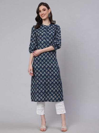 Women's Blue Ethnic Printed Straight Kurta with Three Quarter Sleeves