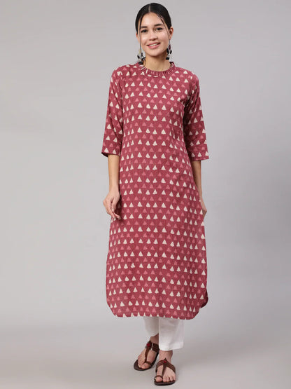 Women's Mauve Ethnic Printed Straight Kurta With Three Quarter Sleeves