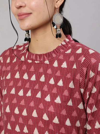 Women's Mauve Ethnic Printed Straight Kurta With Three Quarter Sleeves