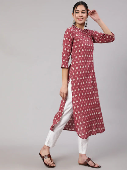 Women's Mauve Ethnic Printed Straight Kurta With Three Quarter Sleeves