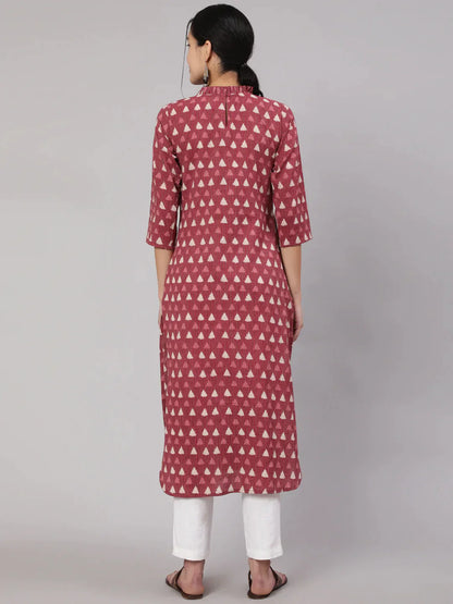 Women's Mauve Ethnic Printed Straight Kurta With Three Quarter Sleeves