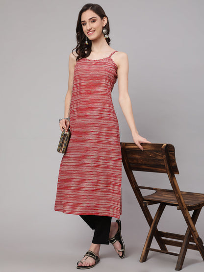 Women's Red Geometric Printed straight sleevesless Kurta