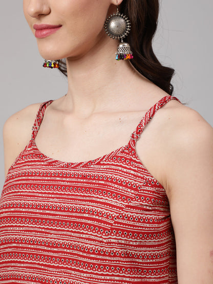 Women's Red Geometric Printed straight sleevesless Kurta