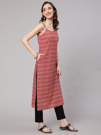 Women's Red Geometric Printed straight sleevesless Kurta