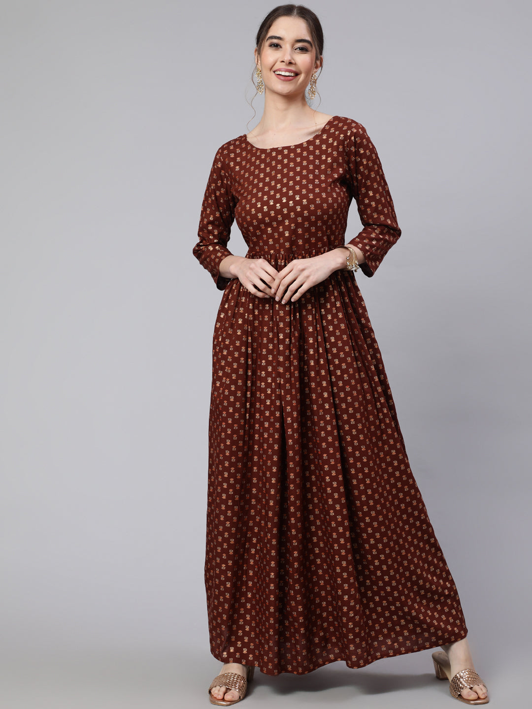 Women's Wome Brown Printed Flared Dress With Three quarter Sleeves