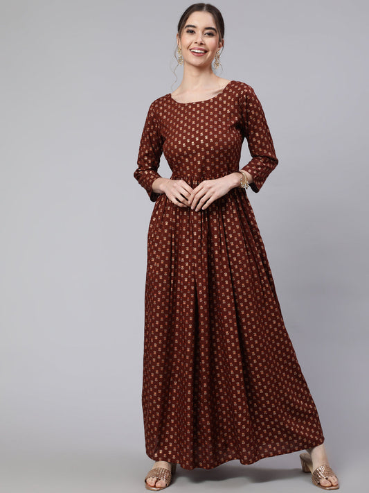 Women's Wome Brown Printed Flared Dress With Three quarter Sleeves