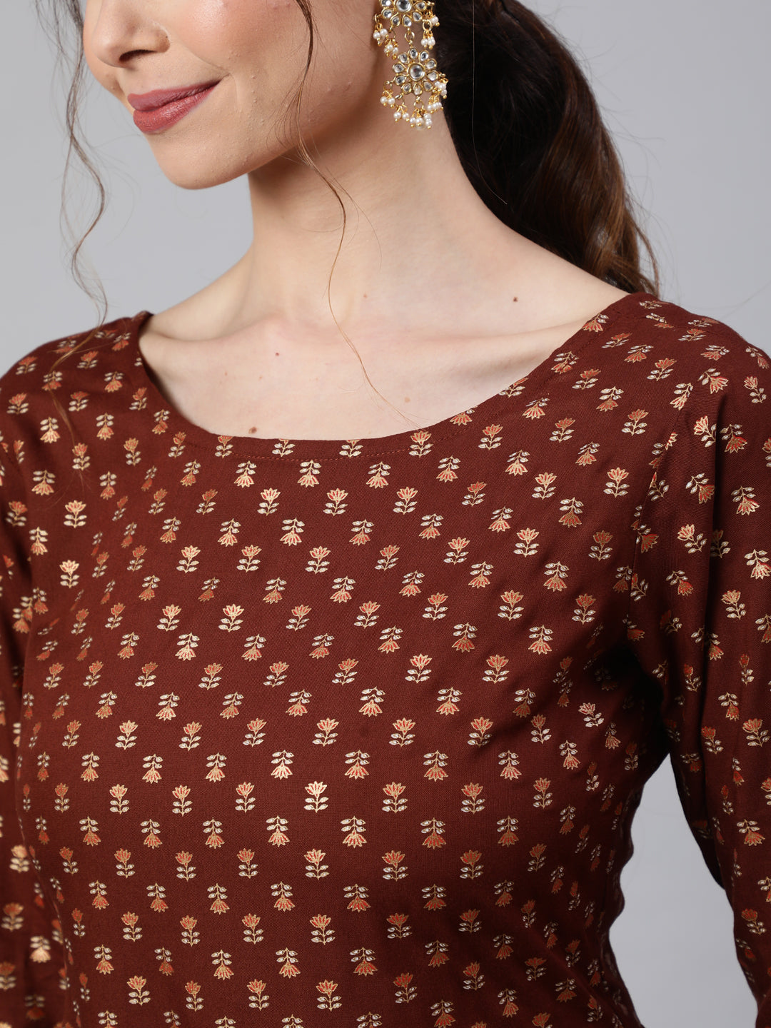 Women's Wome Brown Printed Flared Dress With Three quarter Sleeves