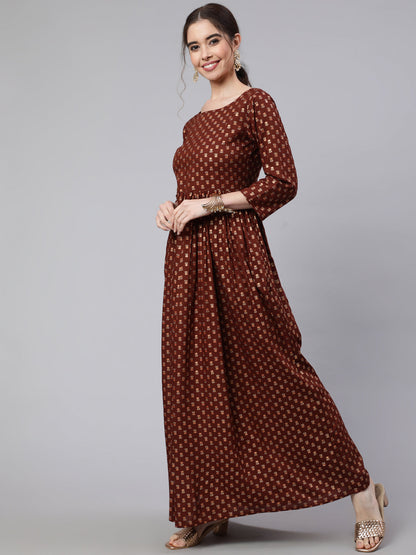 Women's Wome Brown Printed Flared Dress With Three quarter Sleeves