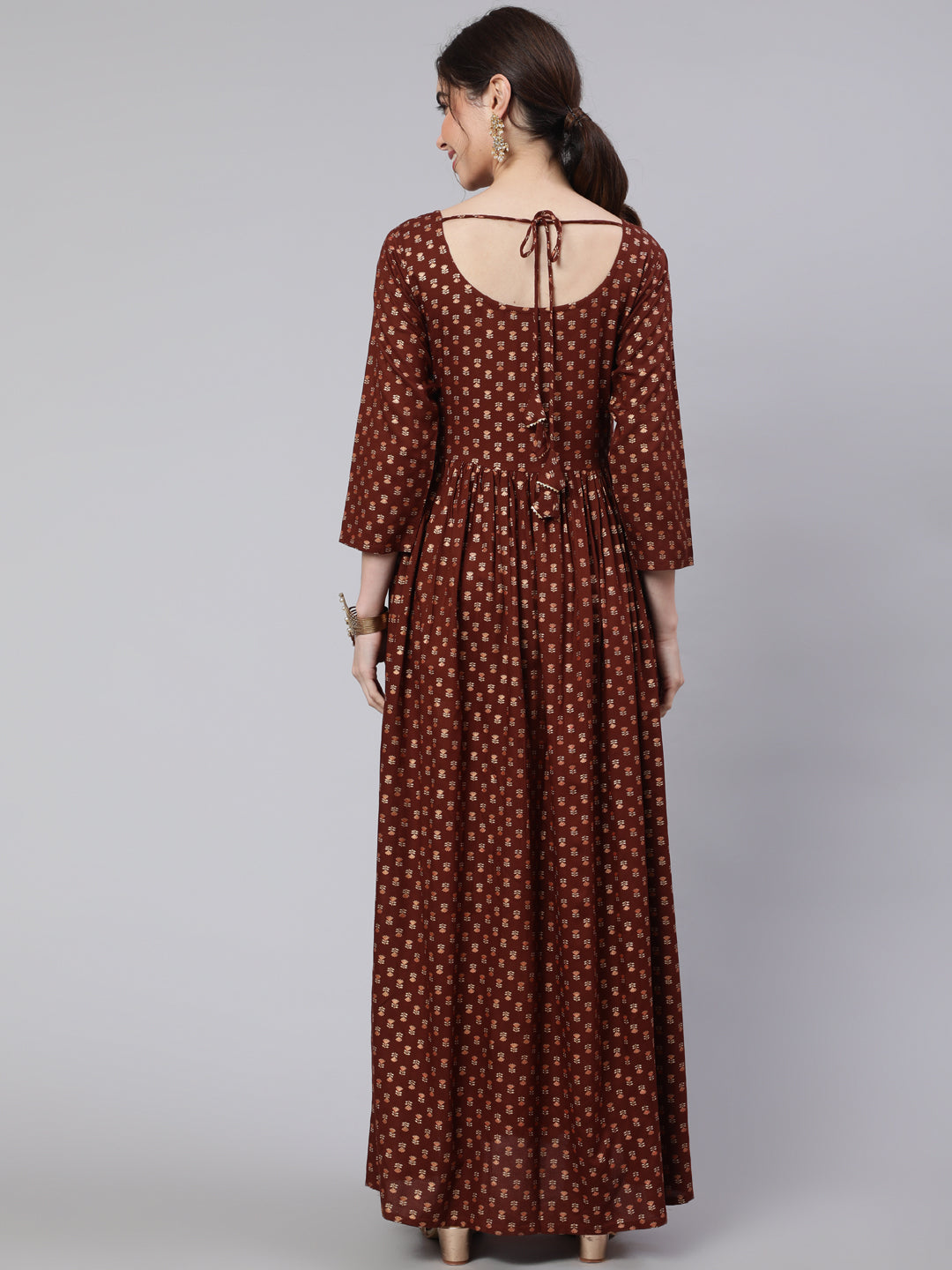 Women's Wome Brown Printed Flared Dress With Three quarter Sleeves