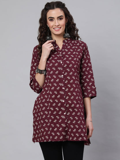 Women's Burgundy Printed Straight Tunic With Three Quaretr Sleeves
