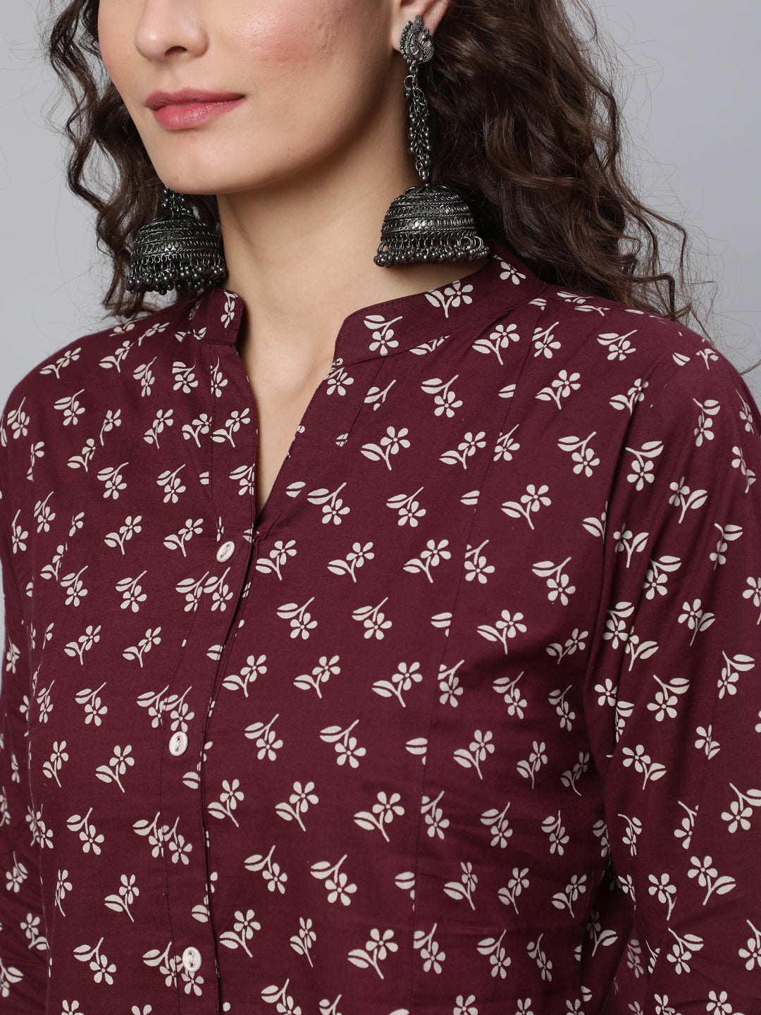 Women's Burgundy Printed Straight Tunic With Three Quaretr Sleeves