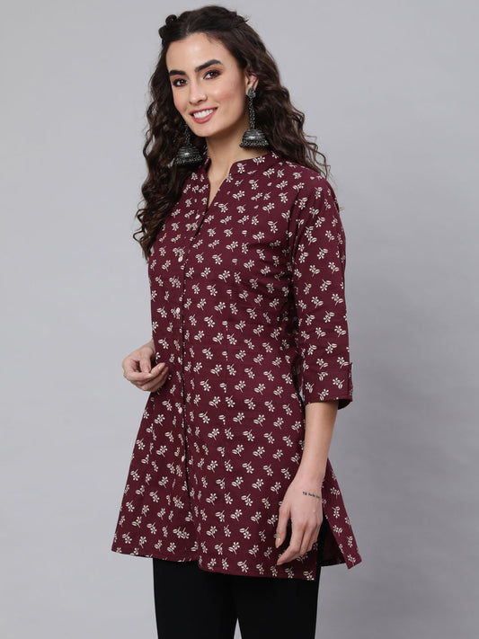 Women's Burgundy Printed Straight Tunic With Three Quaretr Sleeves
