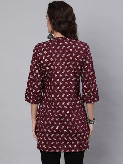 Women's Burgundy Printed Straight Tunic With Three Quaretr Sleeves