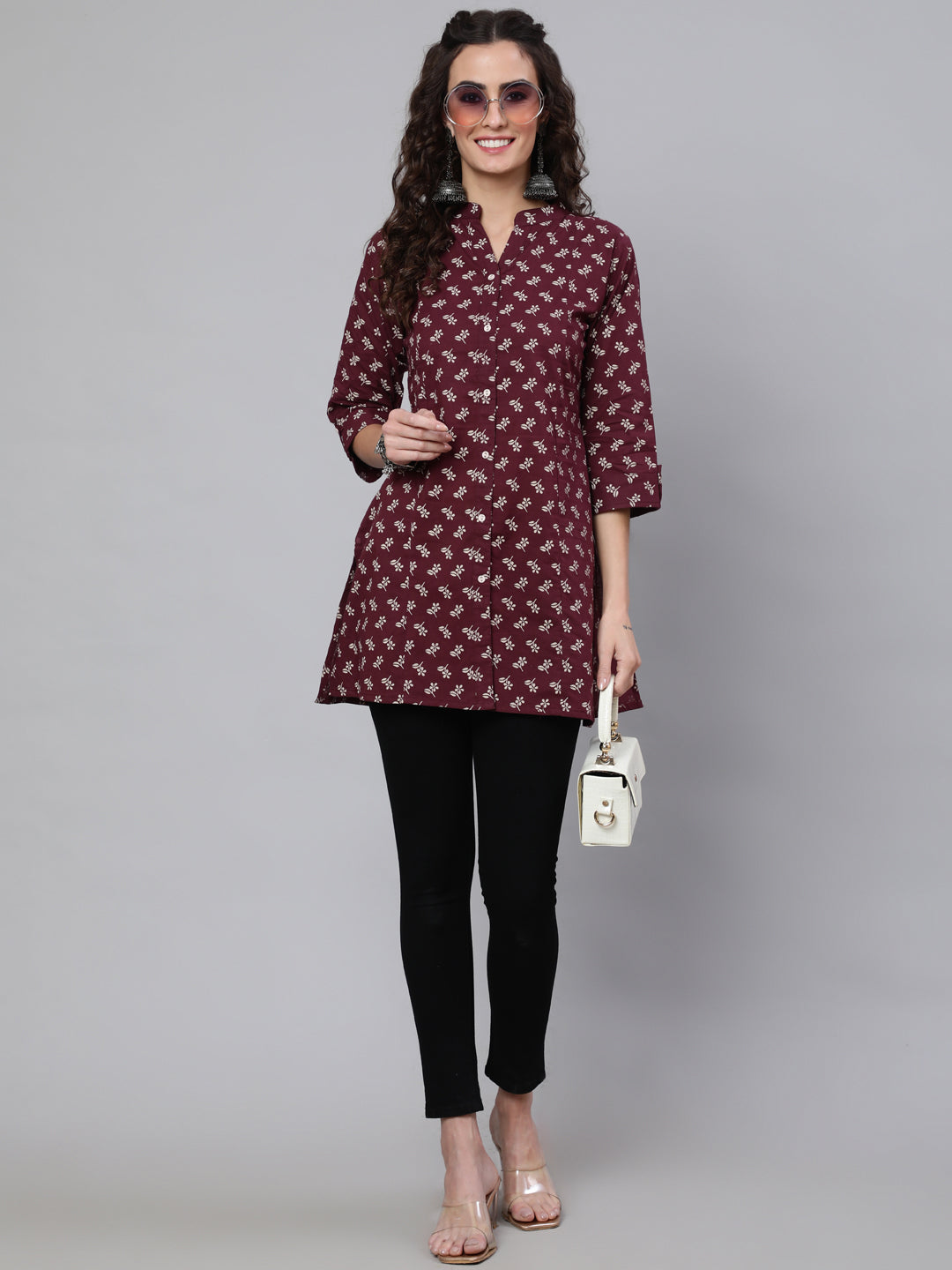 Women's Burgundy Printed Straight Tunic With Three Quaretr Sleeves