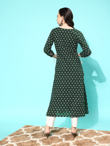 Women's Green Ethnic Printed Straight Kurta with Three Quarter Sleeves