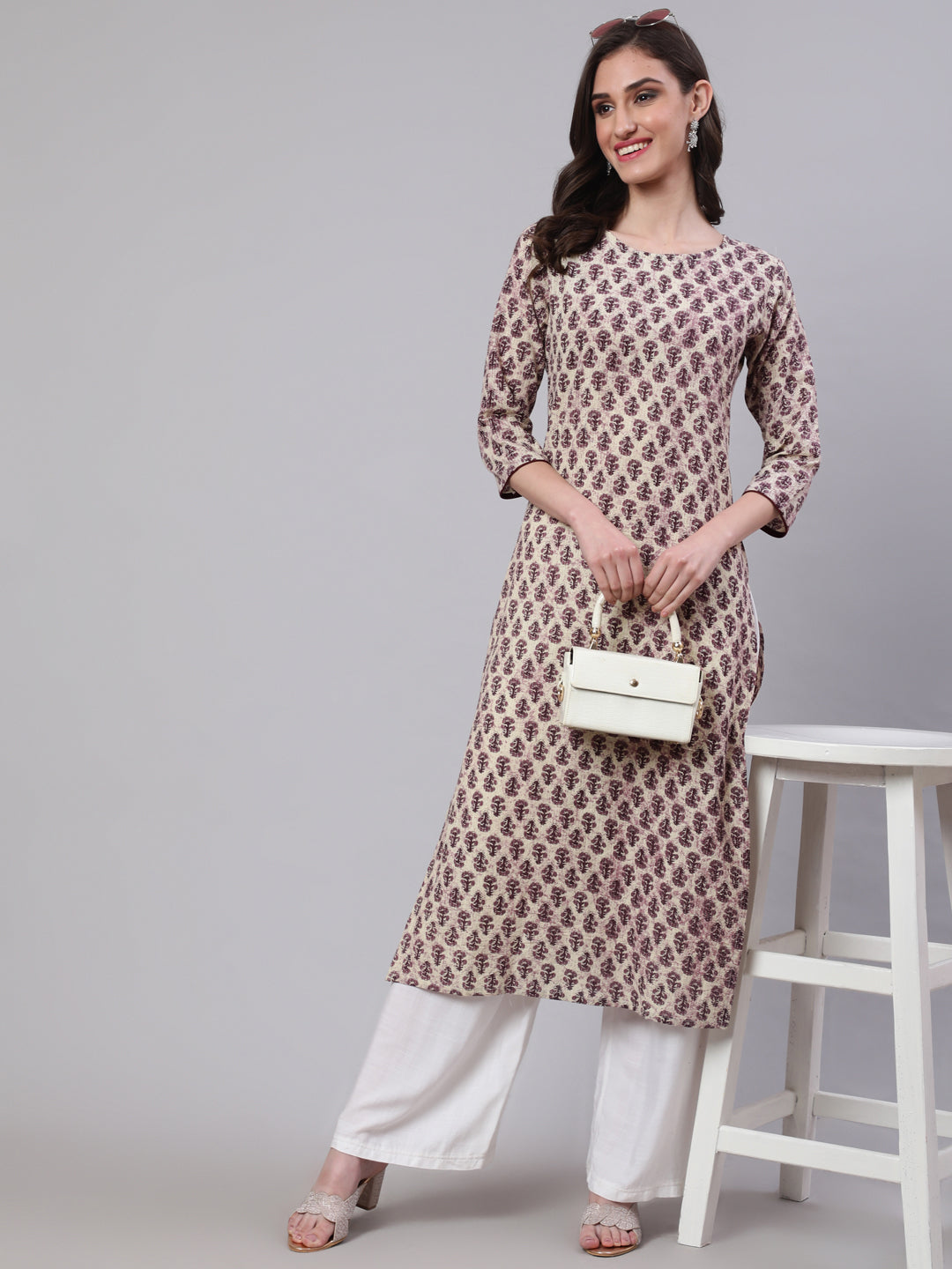 Women's Beige Ethnic Printed Straight Kurta With Three Quarter Sleeves