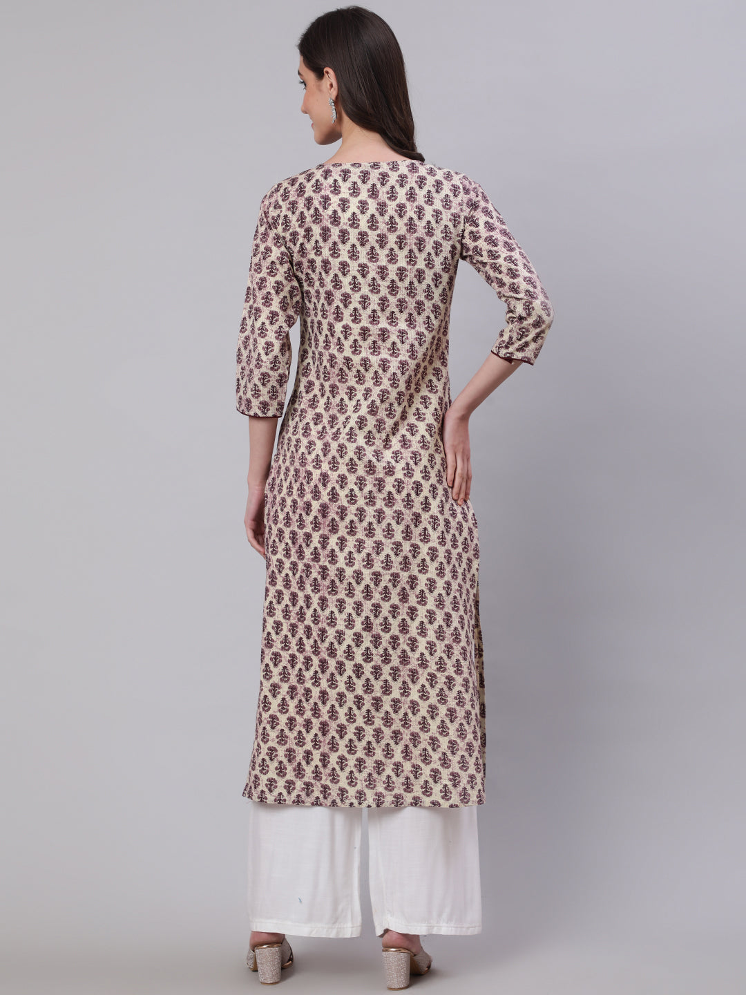 Women's Beige Ethnic Printed Straight Kurta With Three Quarter Sleeves