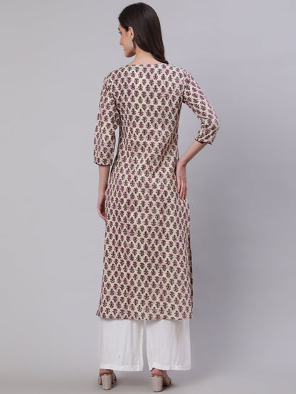 Women's Beige Ethnic Printed Straight Kurta With Three Quarter Sleeves
