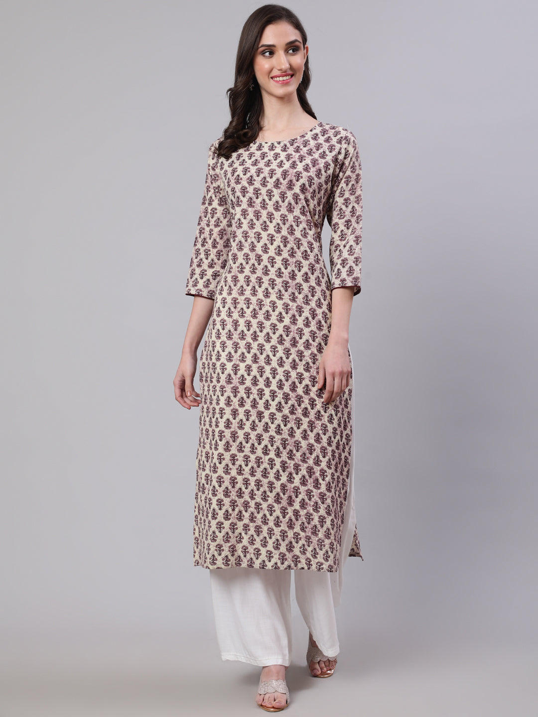 Women's Beige Ethnic Printed Straight Kurta With Three Quarter Sleeves