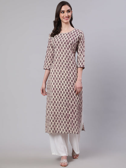 Women's Beige Ethnic Printed Straight Kurta With Three Quarter Sleeves