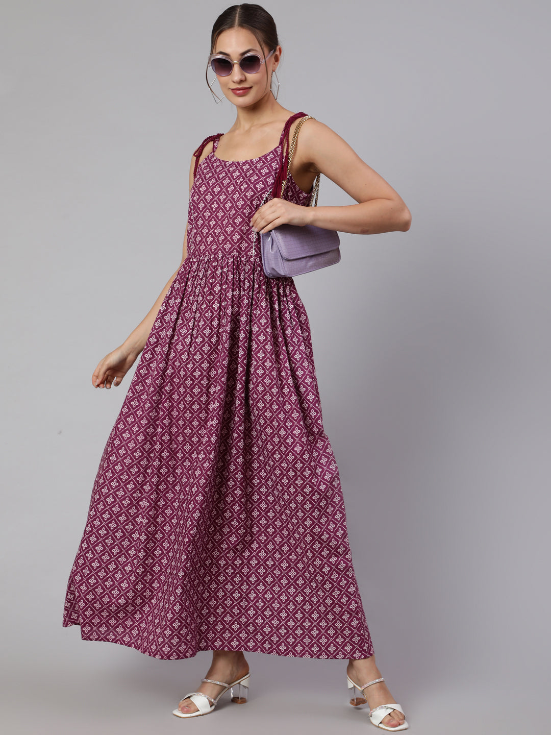 Women's Wome Purple Printed Flared Sleeveless Dress
