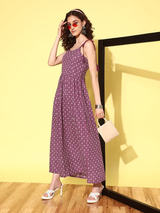 Women's Wome Purple Printed Flared Sleeveless Dress