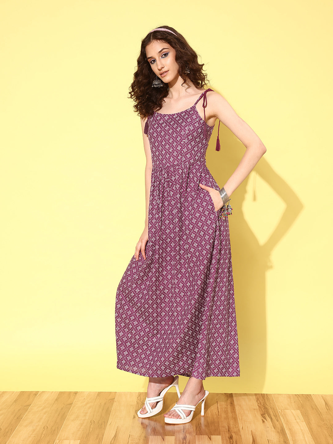 Women's Wome Purple Printed Flared Sleeveless Dress