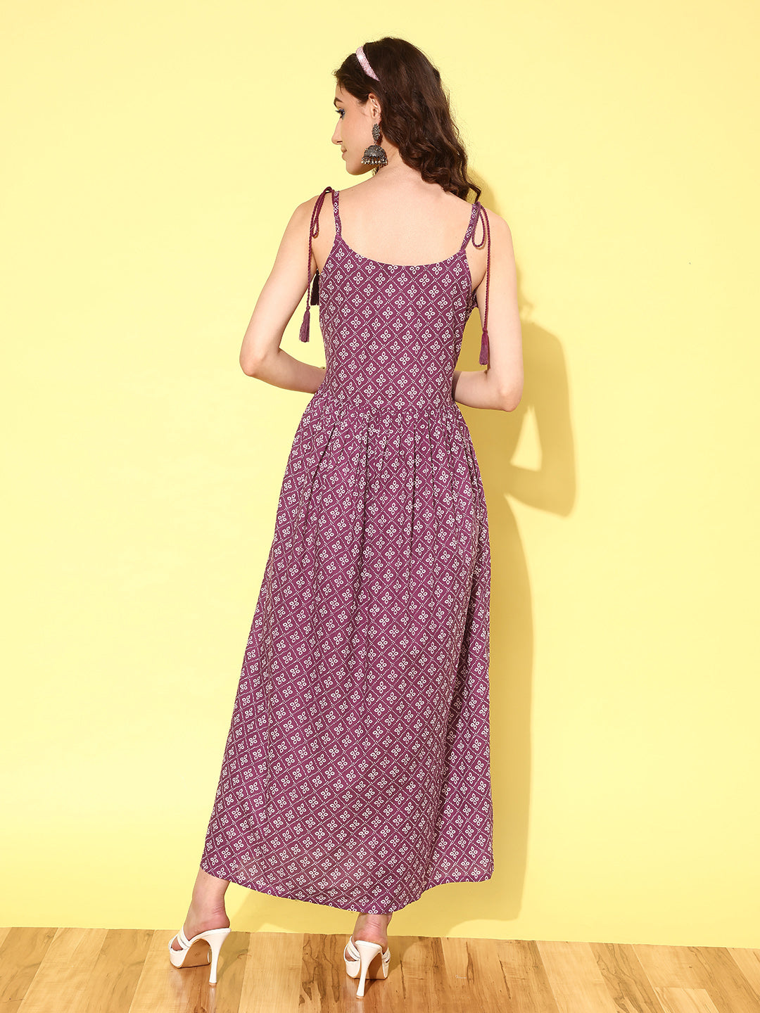 Women's Wome Purple Printed Flared Sleeveless Dress