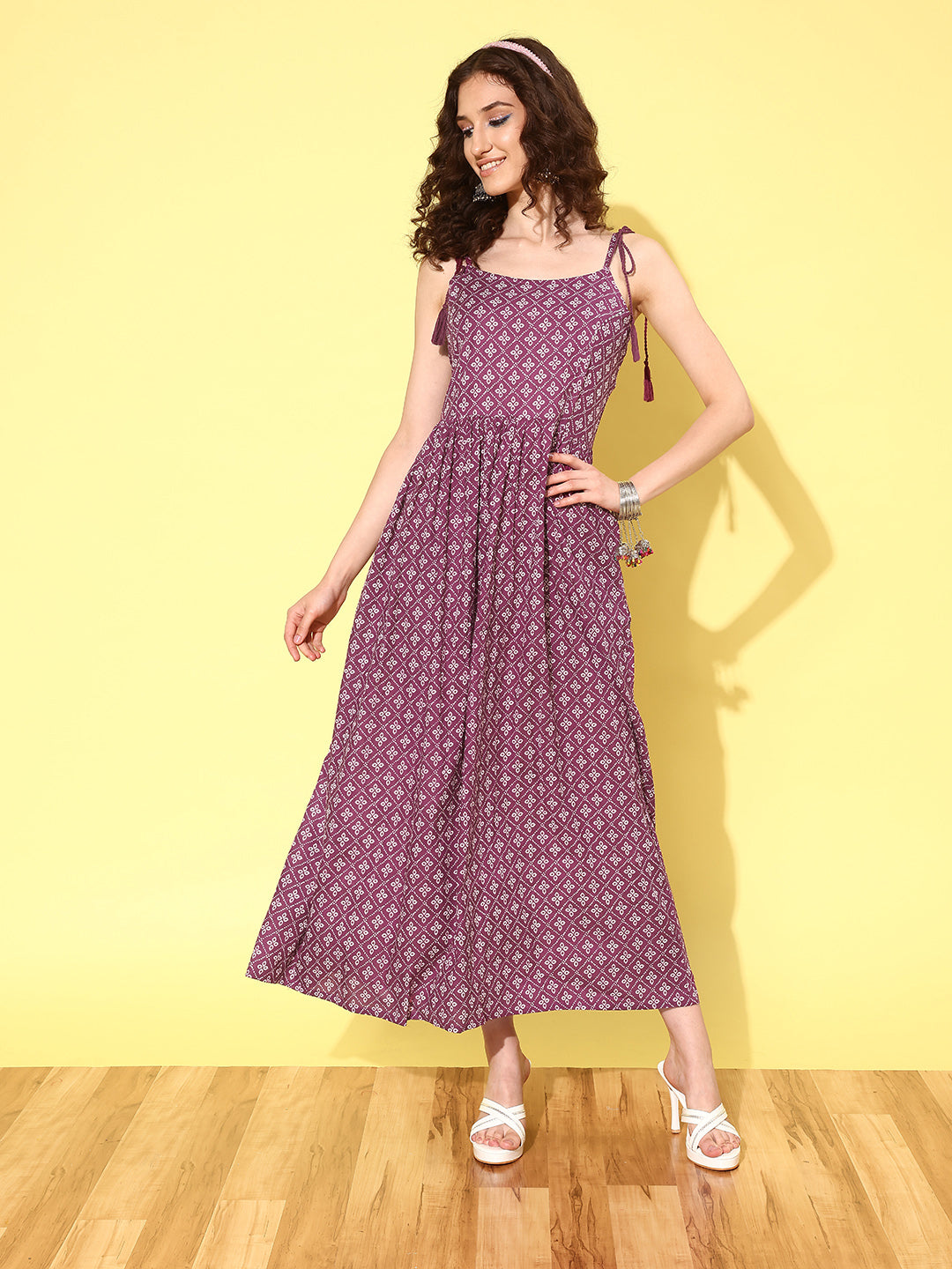 Women's Wome Purple Printed Flared Sleeveless Dress