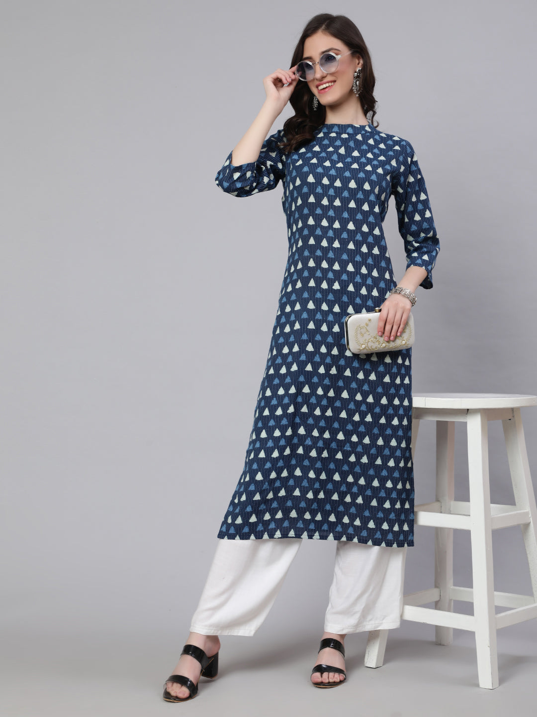 Women's Blue Ethnic Printed Straight Kurta with Three Quarter Sleeves
