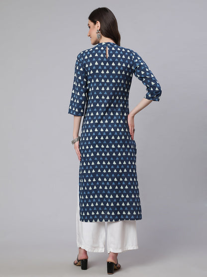 Women's Blue Ethnic Printed Straight Kurta with Three Quarter Sleeves