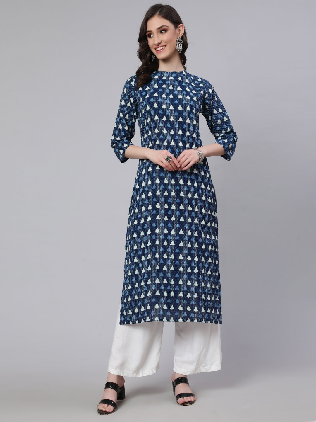 Women's Blue Ethnic Printed Straight Kurta with Three Quarter Sleeves
