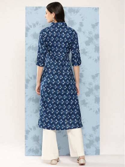 Women's Blue Geometric Printed Straight Kurta With Three Quarter Sleeves