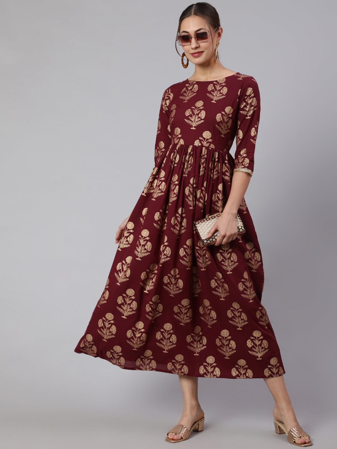 Women's Wome Burgundy Printed Flared Dress With Three quarter Sleeves