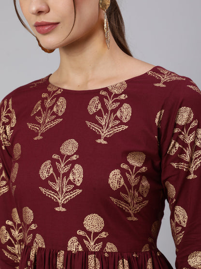 Women's Wome Burgundy Printed Flared Dress With Three quarter Sleeves