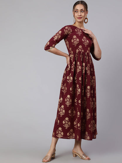 Women's Wome Burgundy Printed Flared Dress With Three quarter Sleeves