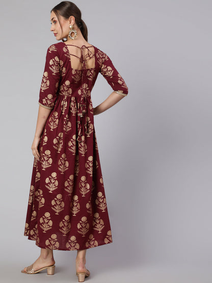 Women's Wome Burgundy Printed Flared Dress With Three quarter Sleeves