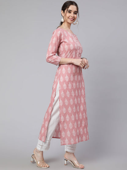 Women's Pink Printed straight kurta with three quarter sleeves
